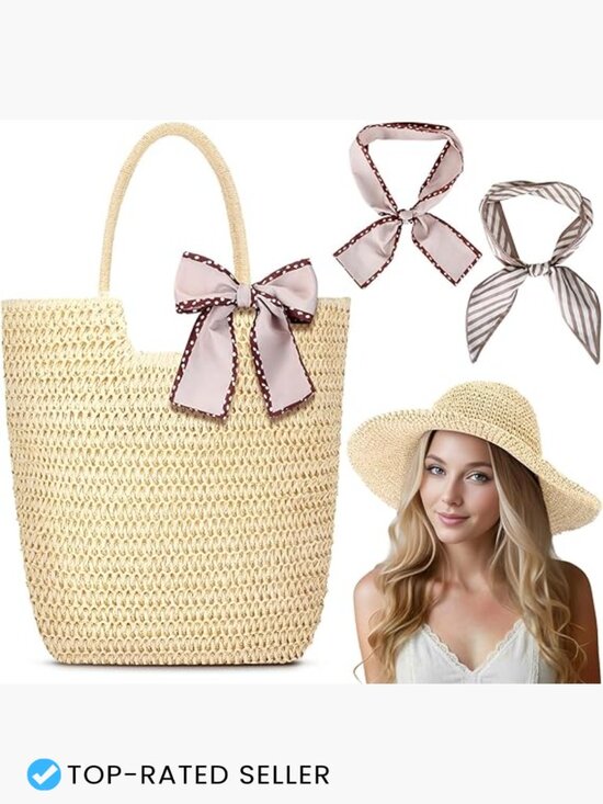 Wide Brim Straw Sun Hat, Woven Tote Bag, 2 Bohemian Scarves Set for Summer main image 7